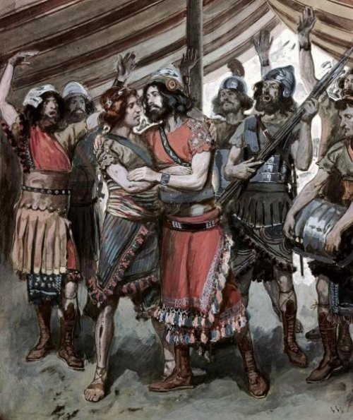 Phillip Medhurst presents 259_788 James Tissot Bible c 1899 David takes the head of Goliath to Saul at Jerusalem 1 Samuel 18_1 Jewish Museum New York.jpg